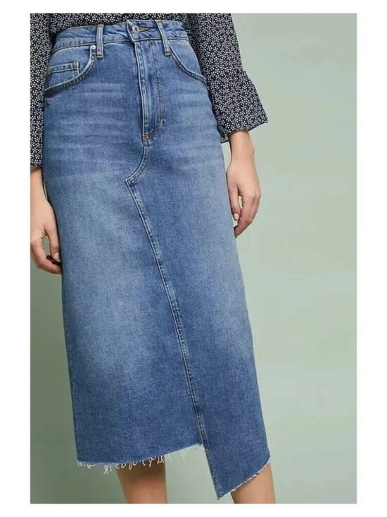 Anthropologie Dresses & Skirts - PILCRO AND THE LETTERPRESS Anthro Asymmetric Raw Hem Midi Denim Skirt Size 10